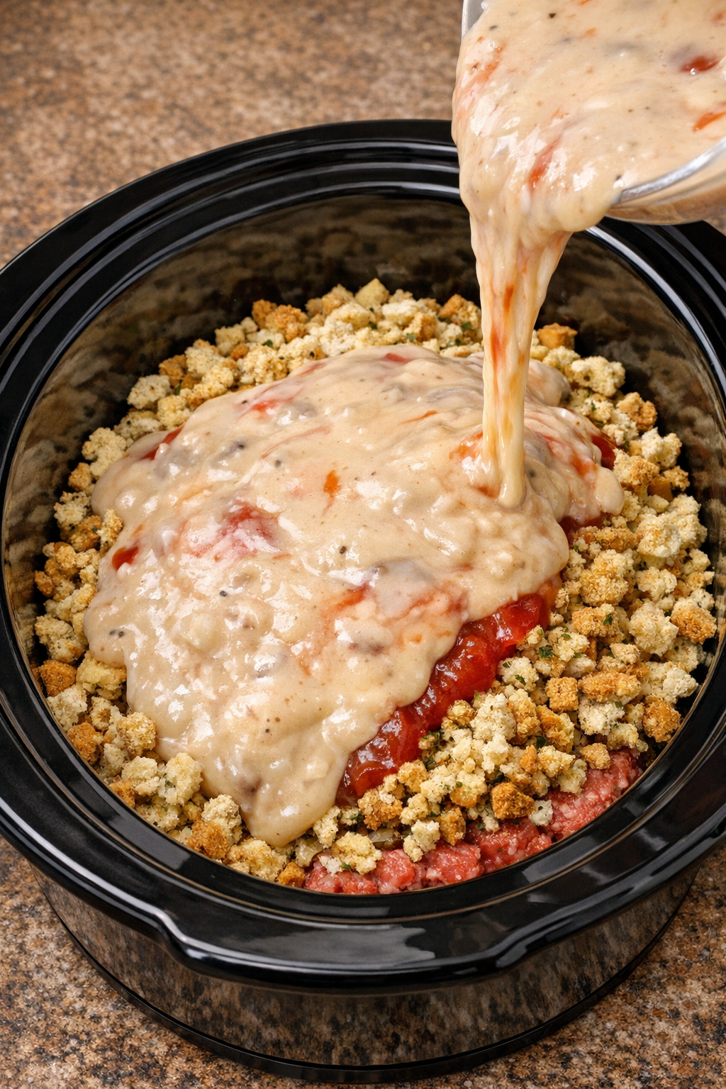 Soup, eggs, and ketchup mixture poured over the stuffing mix