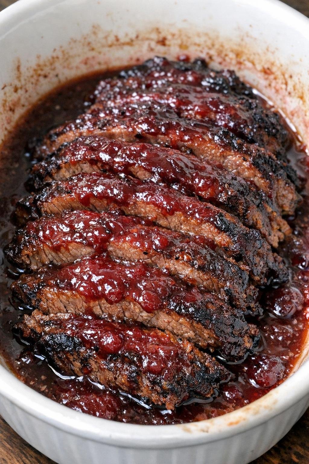Tender sliced beef brisket with cranberry glaze in a white oval casserole dish