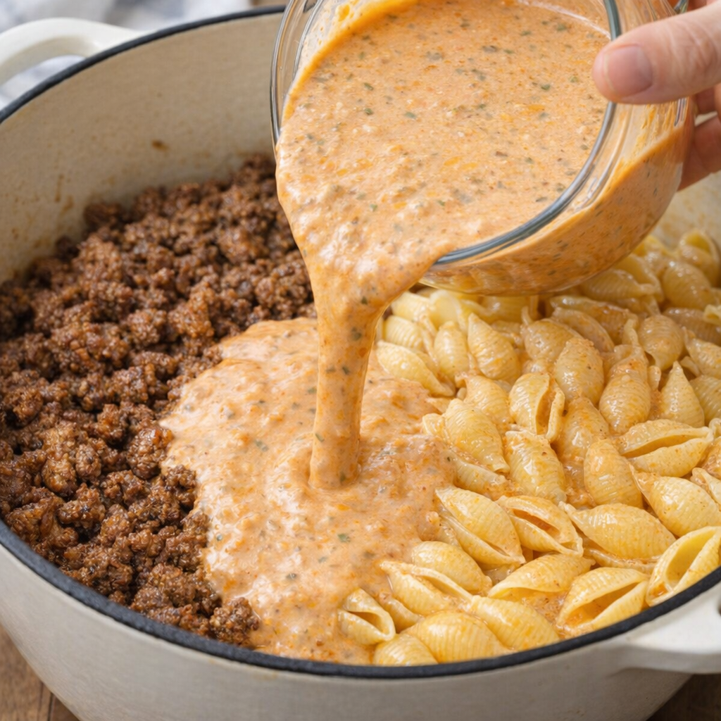 Creamy tomato sauce being poured over pasta shells and beef