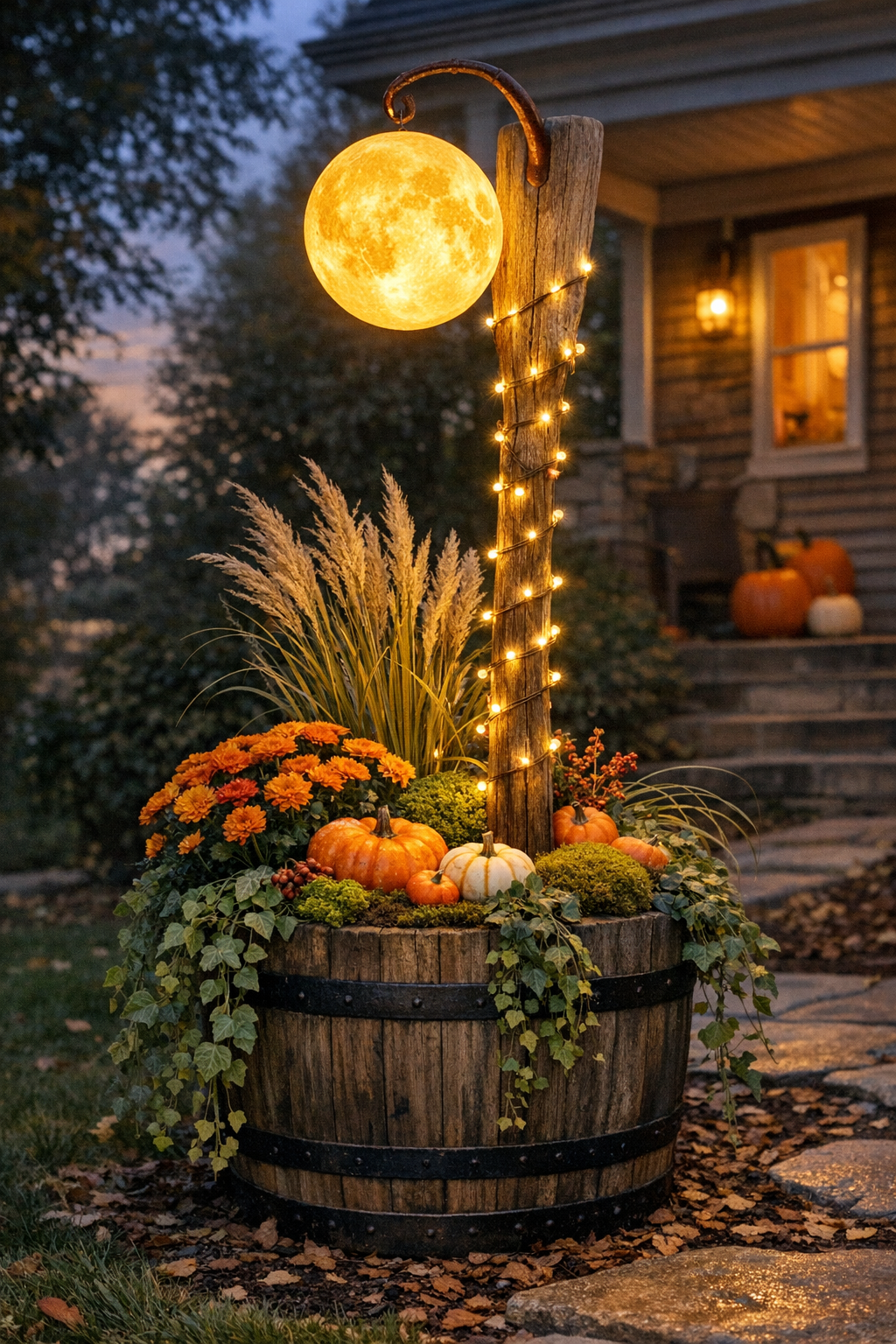 Finished harvest moon lantern post in whiskey barrel planter