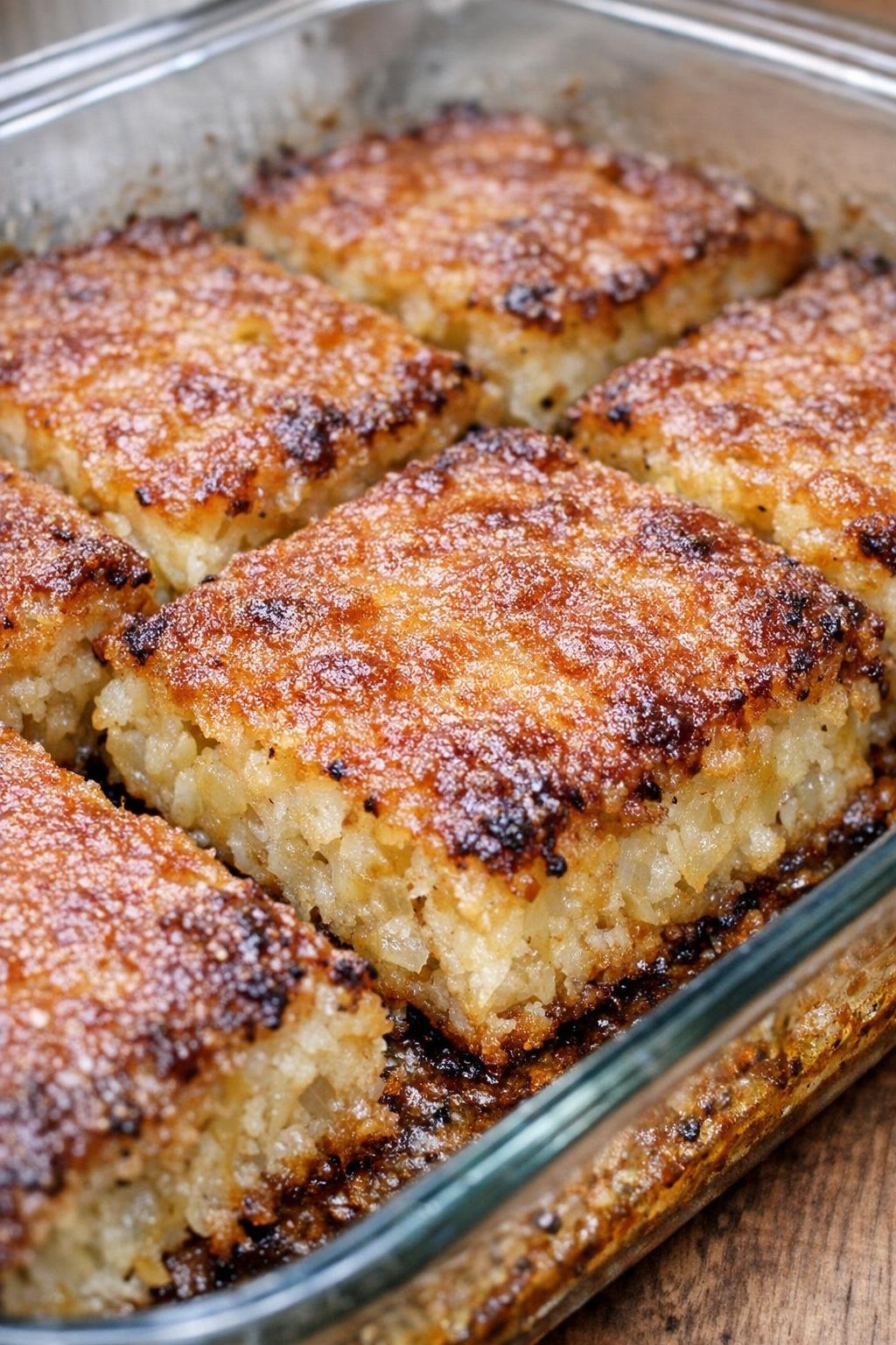 Baked onion squares with golden brown edges in a glass casserole dish