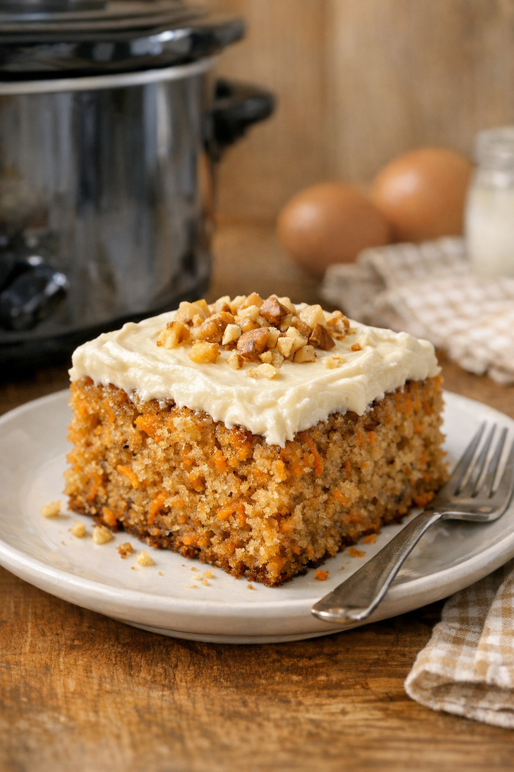 Finished slow cooker carrot cake on a plate