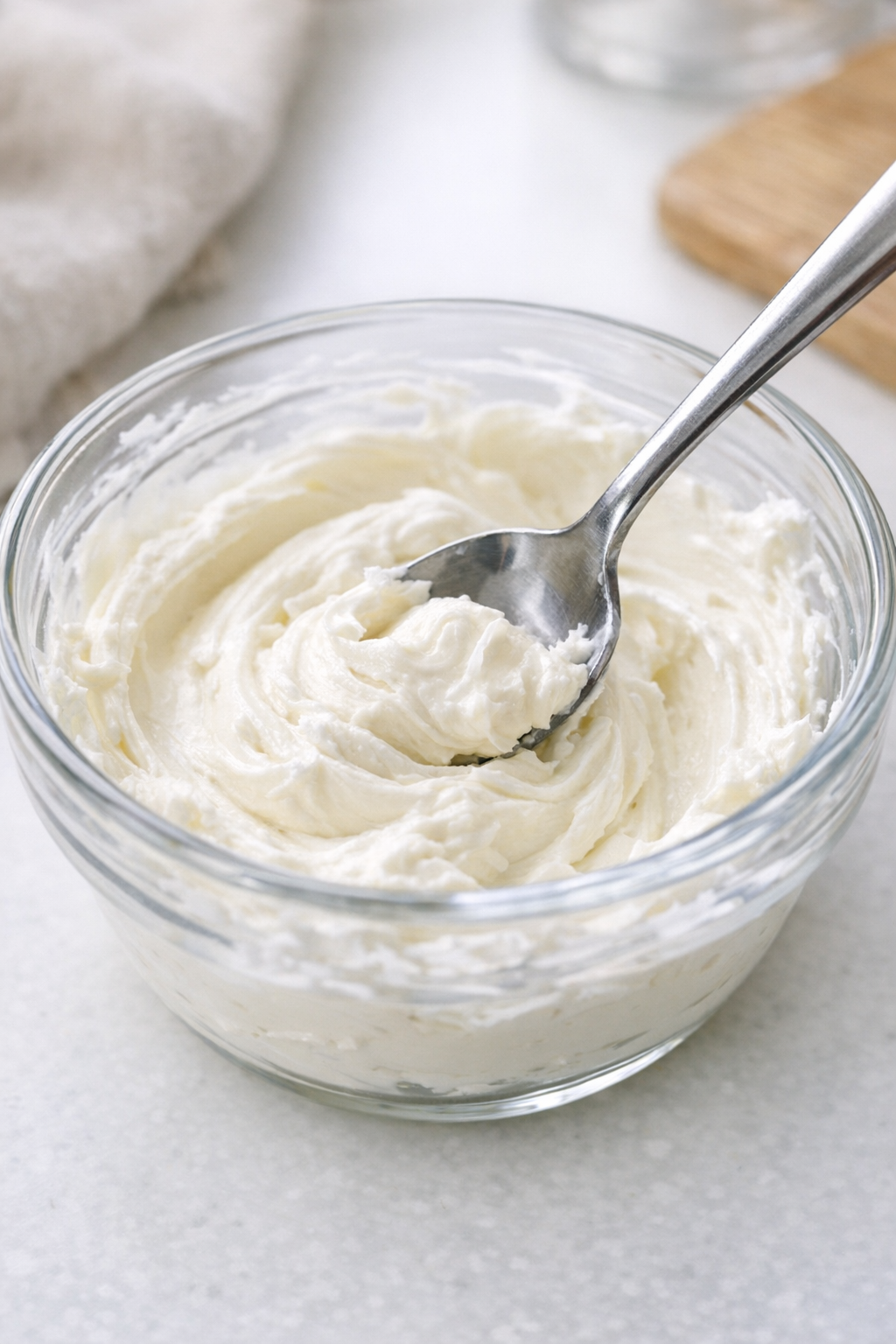 Softened cream cheese being stirred in a bowl
