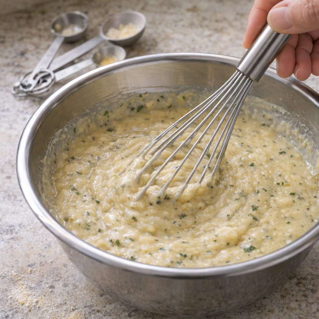 Soup mixture being whisked in a mixing bowl