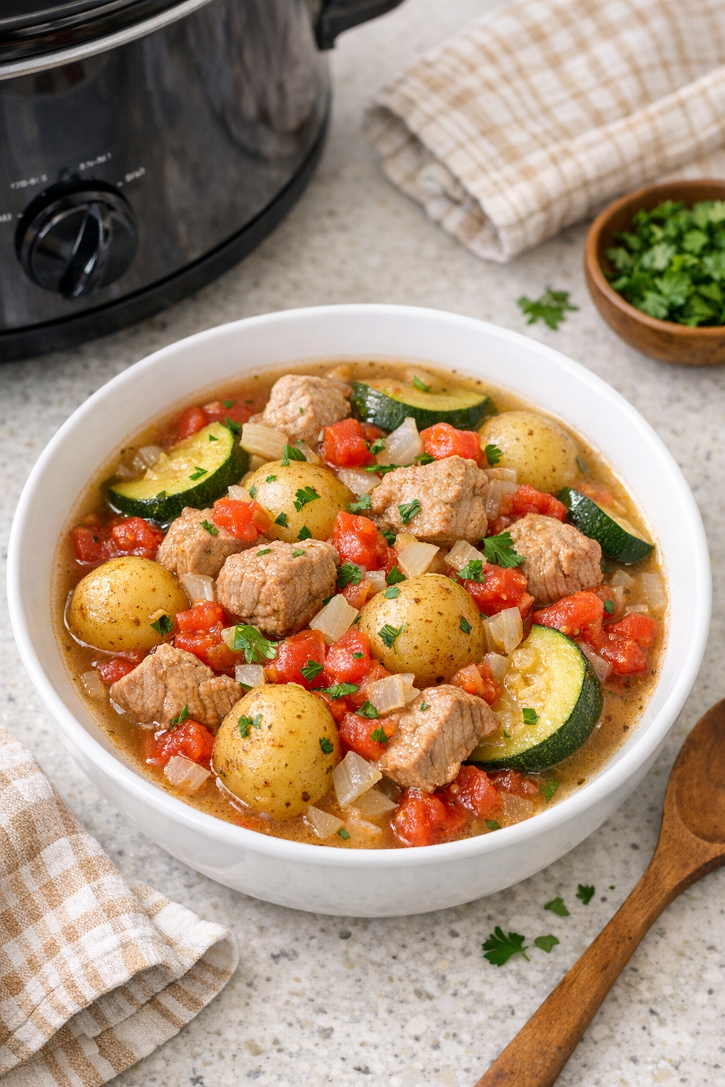 Finished pork summer stew in a bowl