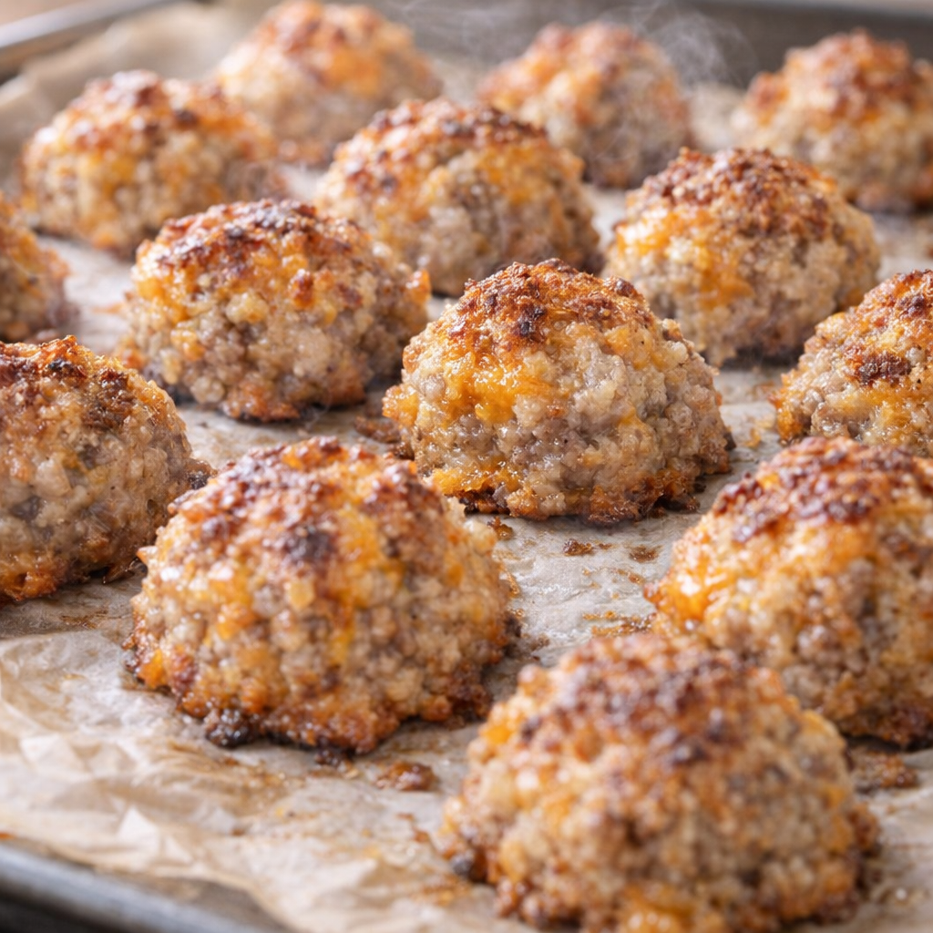 Freshly baked sausage balls cooling on the pan