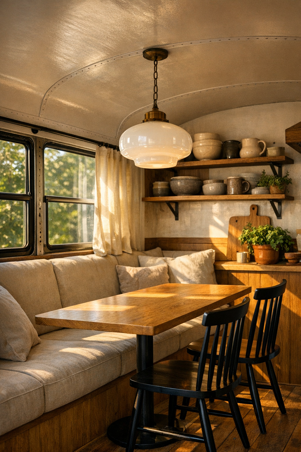 Bright dining nook inside a converted bus with banquette seating and oak table