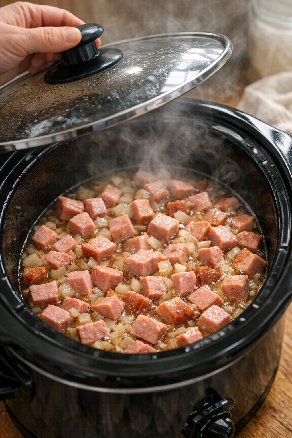 Cooked ham and softened onion in hot broth