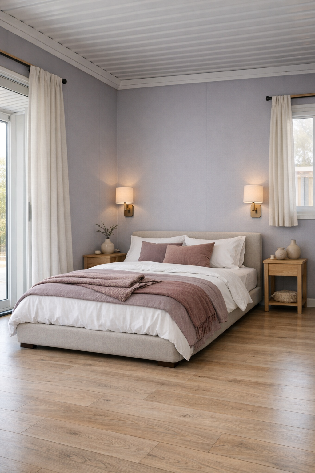 Serene bedroom with soft lavender-gray walls and layered mauve textiles