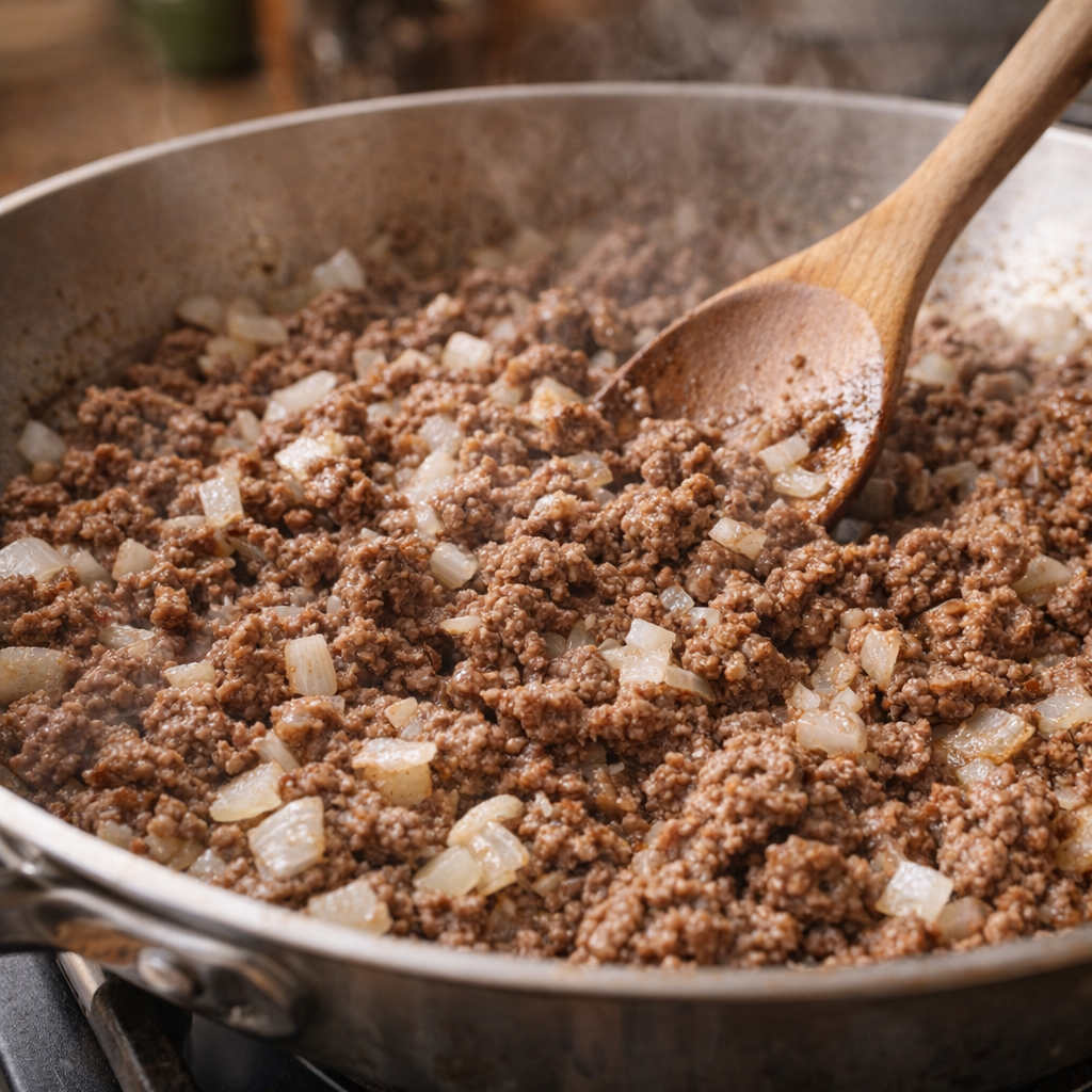 Ground beef and onions browning in a skillet