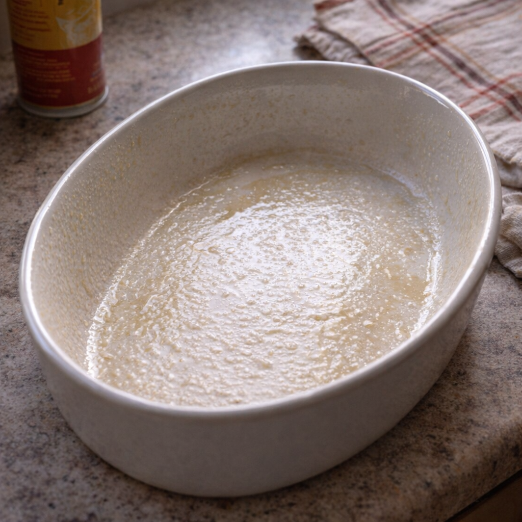 Greased oval baking dish on a kitchen counter
