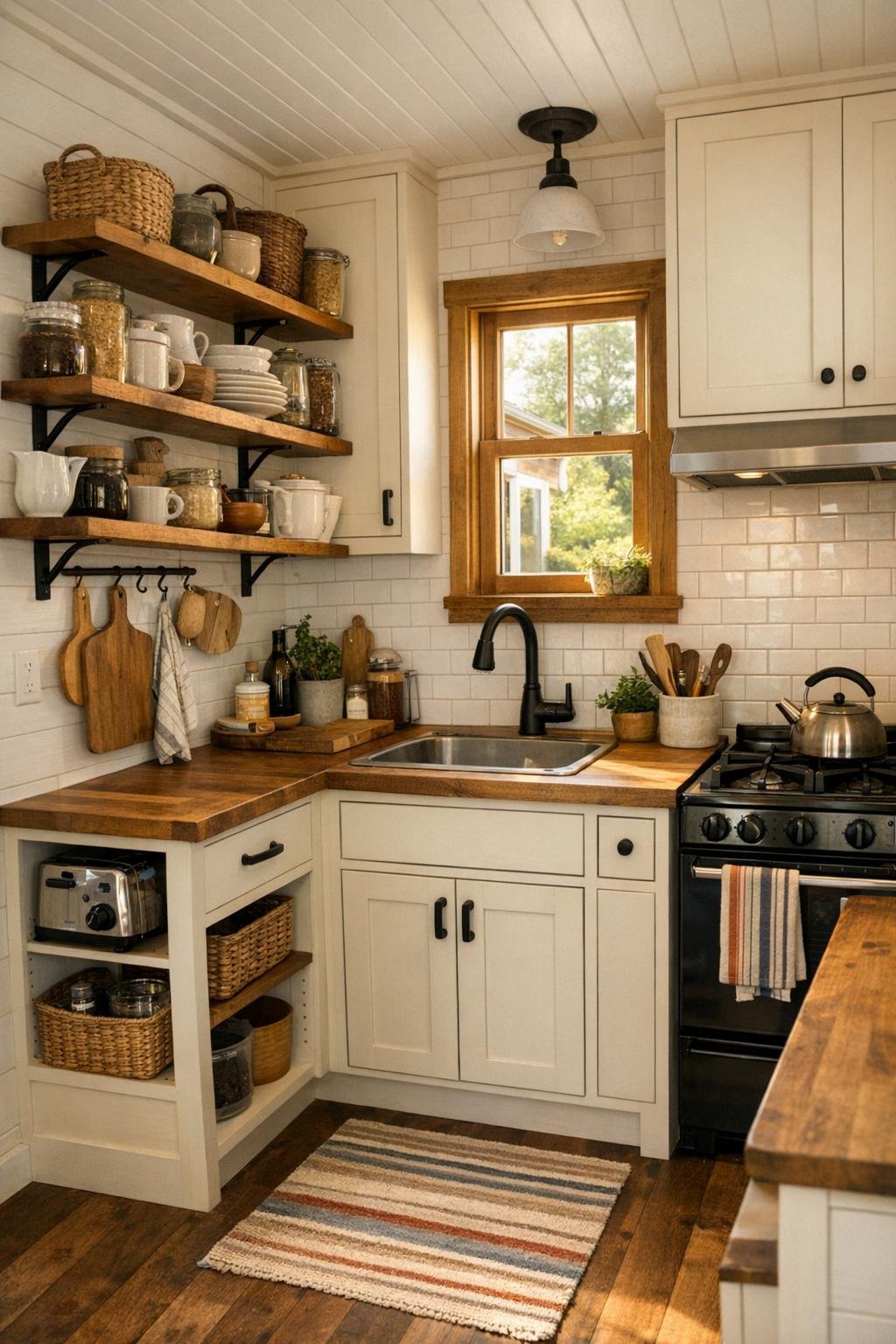 Compact cottage kitchen with shaker cabinets, butcher-block counters, and white tile backsplash