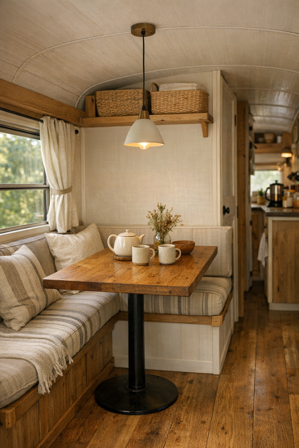 Compact dining nook in a converted bus with wood table and bench seating