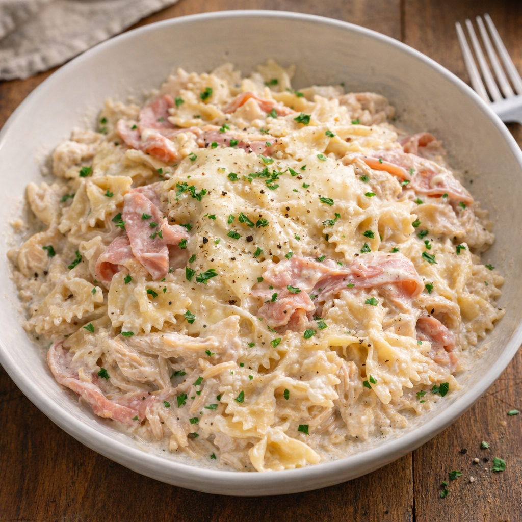 Slow cooker chicken cordon bleu bowtie pasta served in a bowl