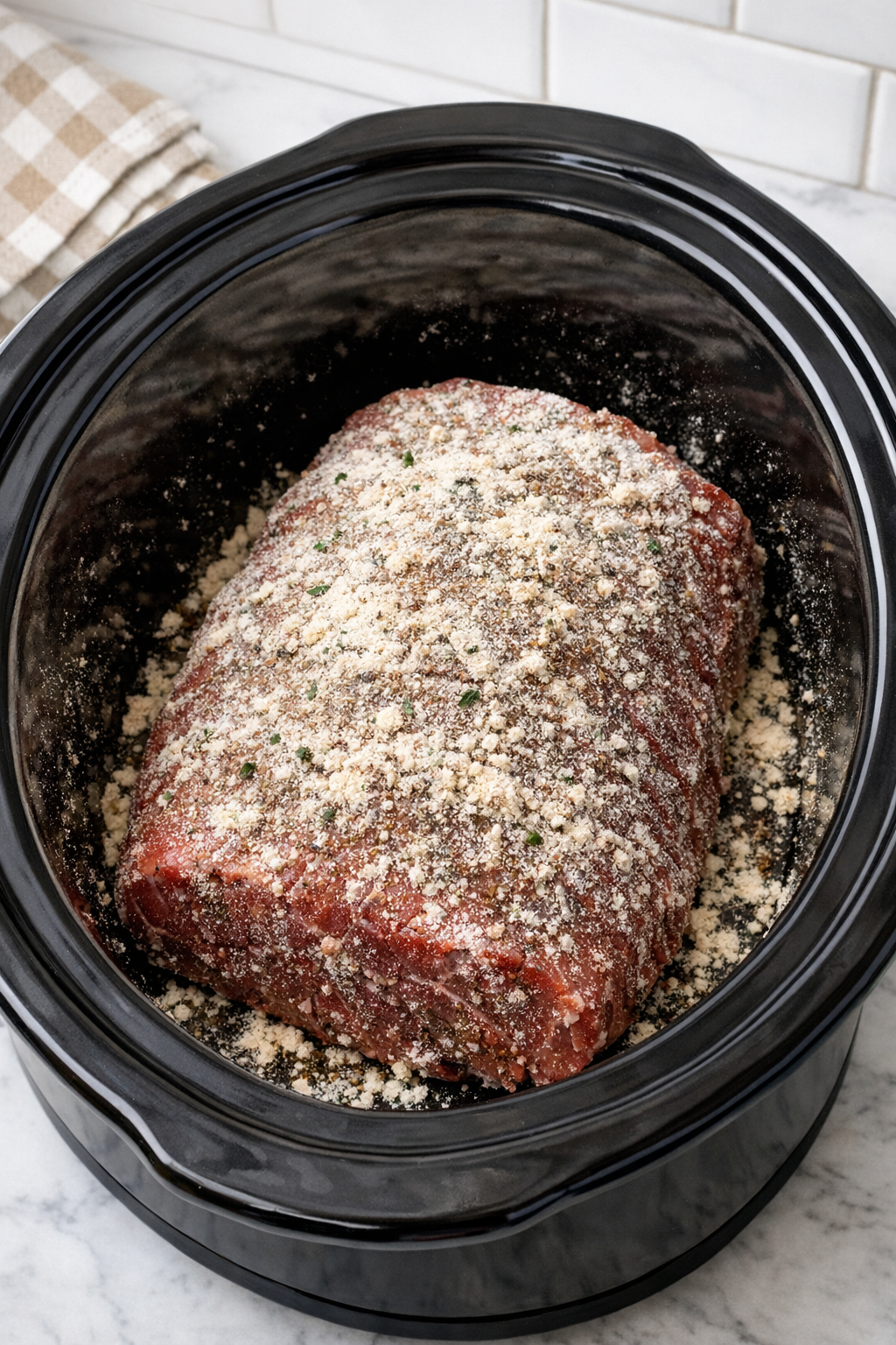Seasoned beef roast in the slow cooker before butter is added