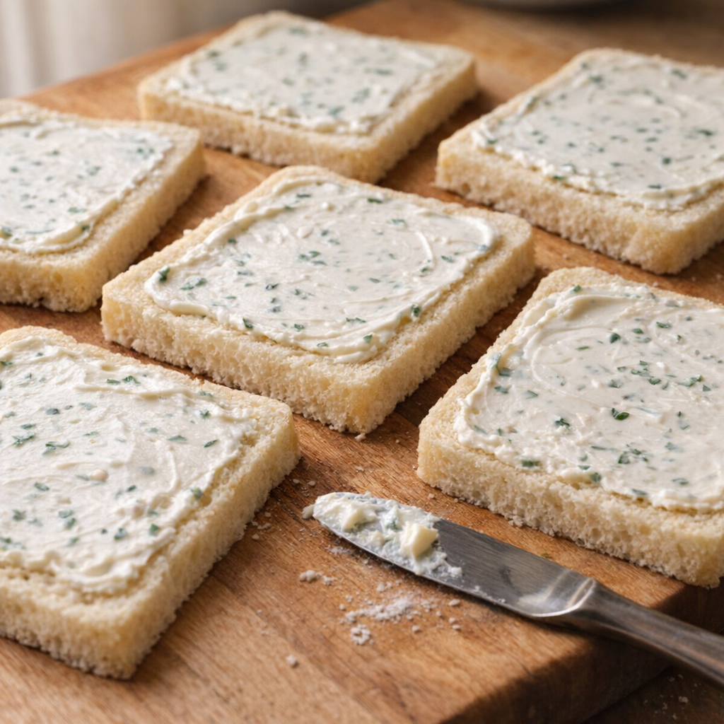Bread slices spread with herbed cream cheese on a cutting board