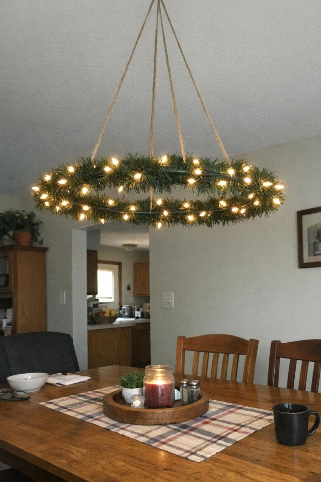 A hula hoop chandelier wrapped in lights and greenery hanging over a table