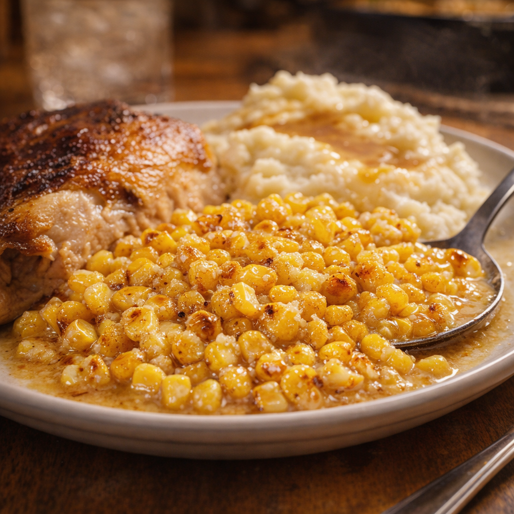 Spoonful of creamy skillet corn beside a comfort-food dinner plate