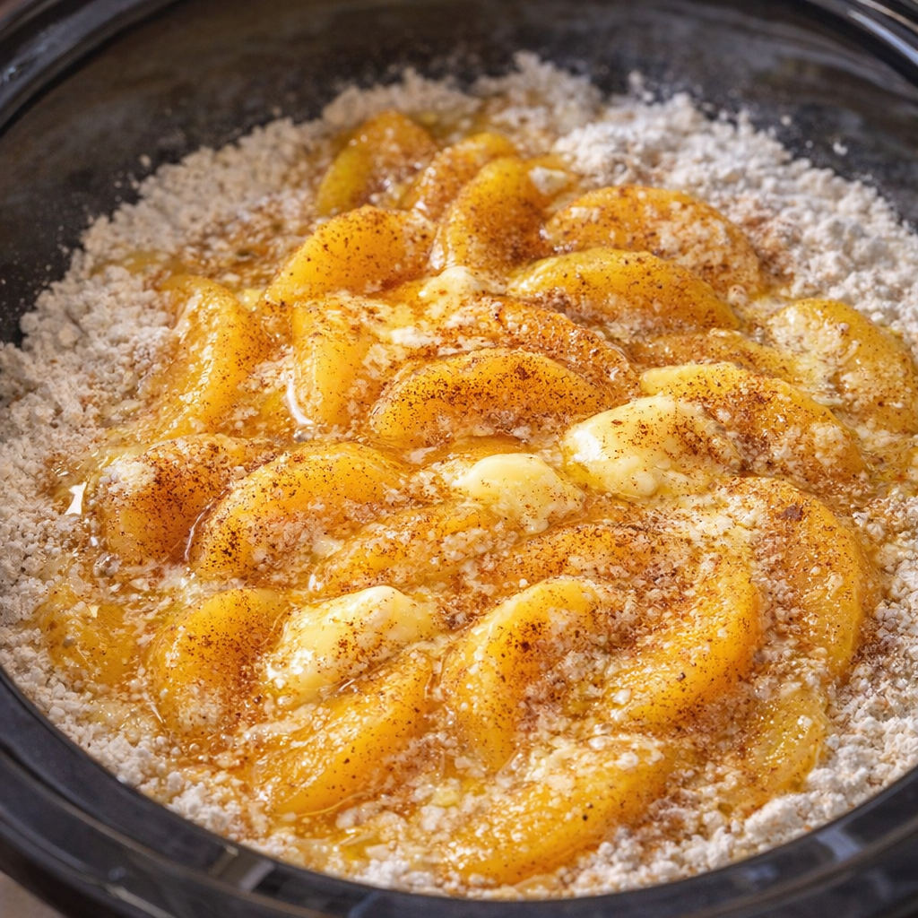 Peaches and melted butter layered over cake mix in the slow cooker