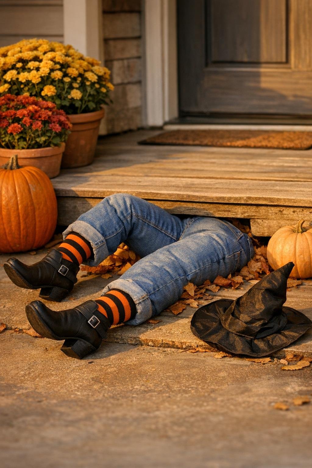Finished crushed witch legs displayed under a porch with boots and striped socks showing