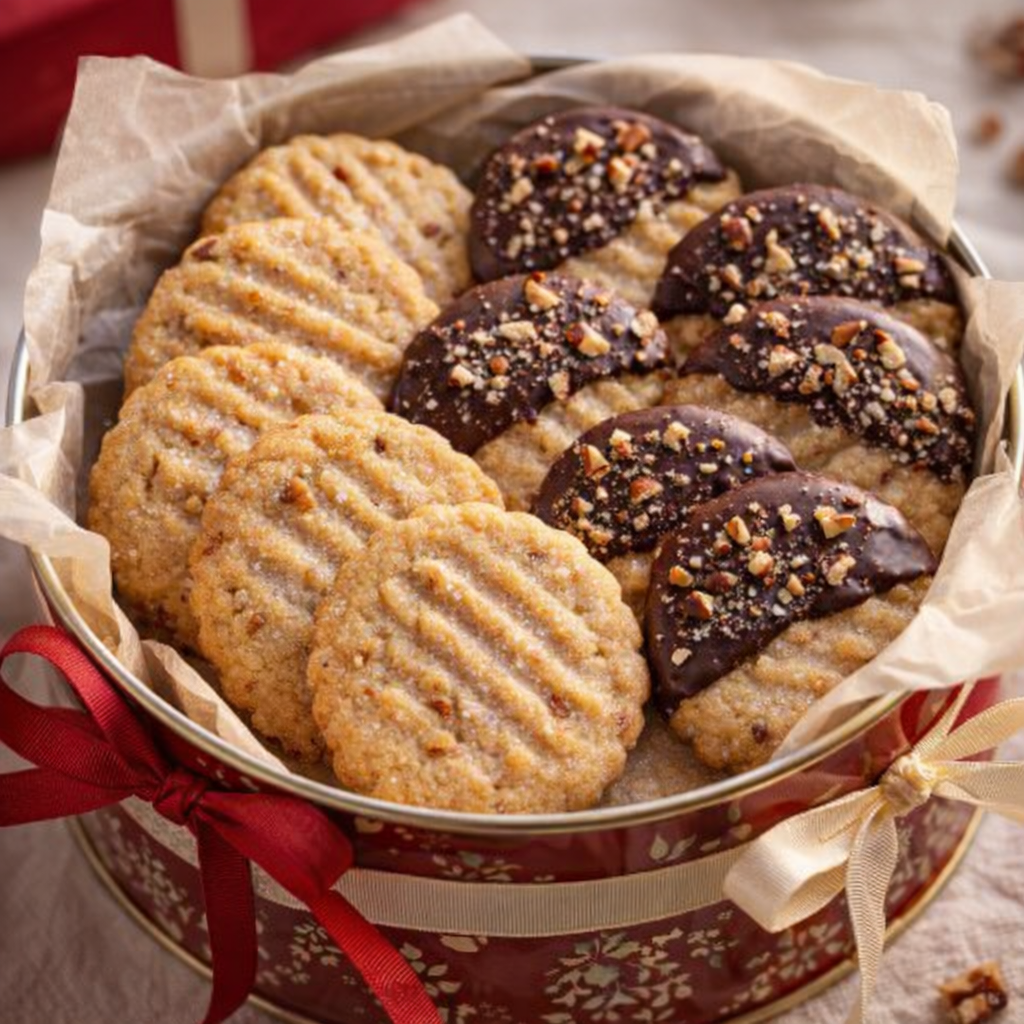 Pecan shortbread cookies packaged in a decorative gift tin