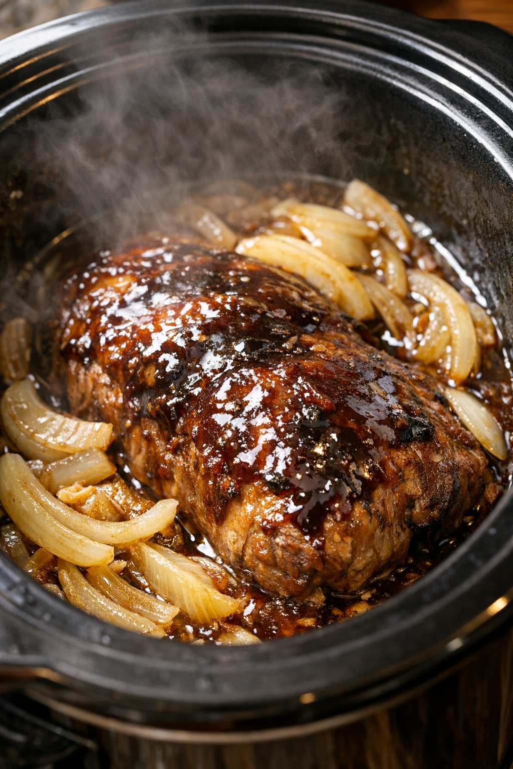 Protein cooking in a slow cooker under a dark glaze