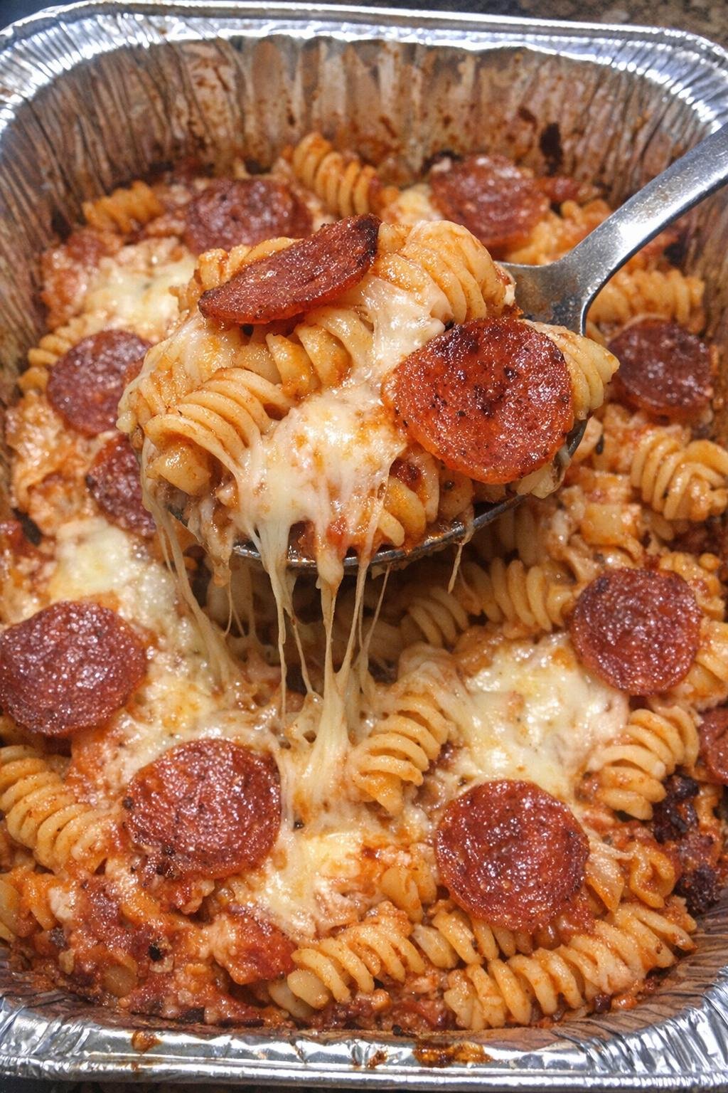 Cheesy pepperoni pizza pasta served from a foil tray