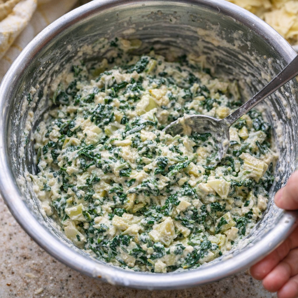 Creamy spinach artichoke filling being stirred in a mixing bowl