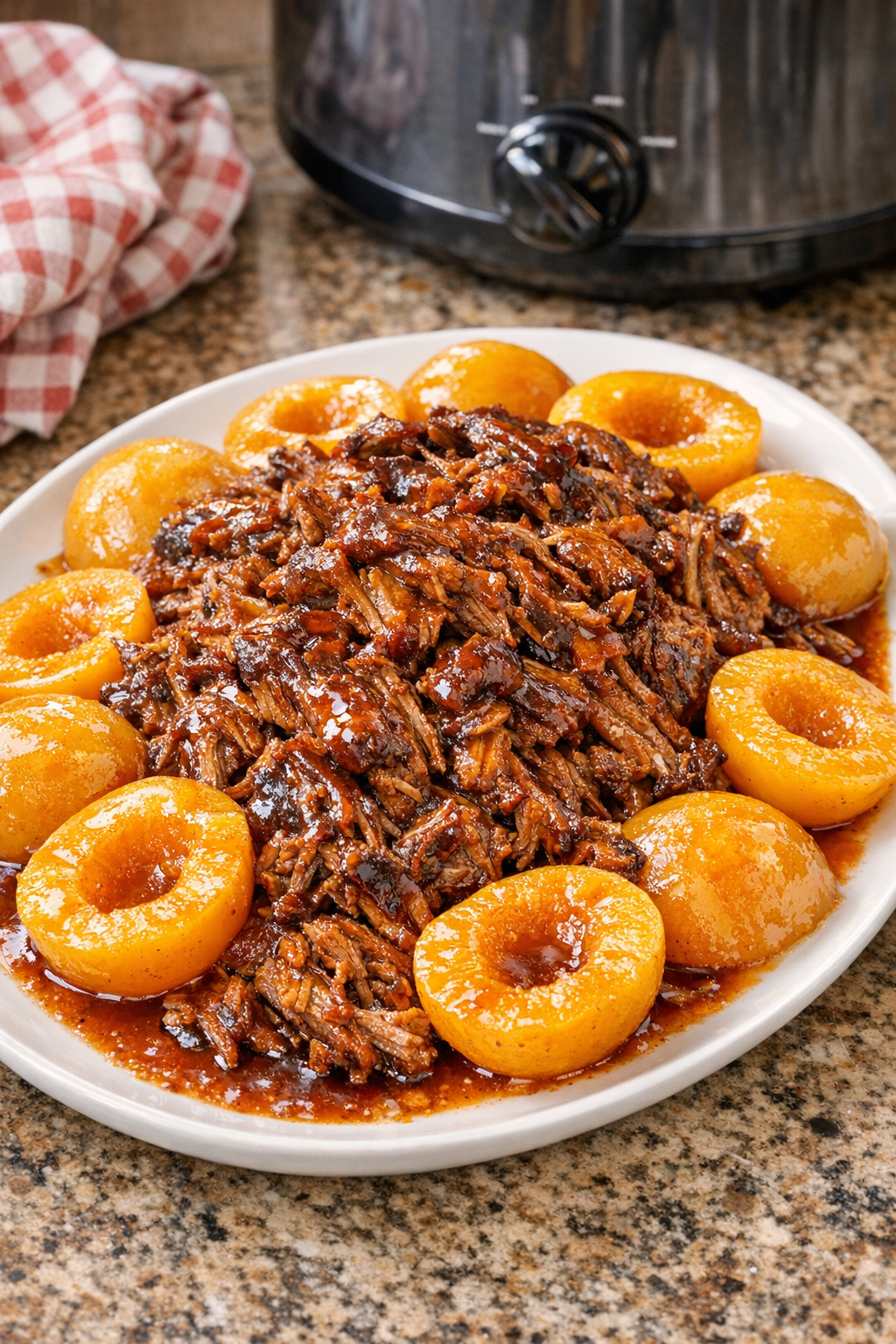 Finished peach barbecue beef roast plated with sauce