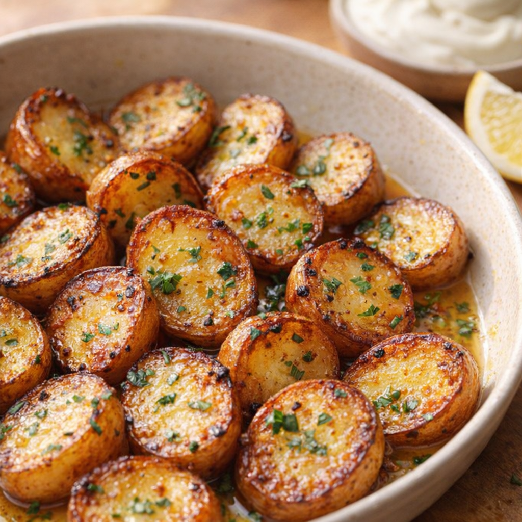 Finished caramelized potatoes with herbs in a serving dish