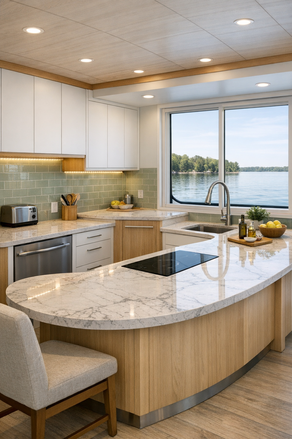Barrier-free houseboat kitchen with warm white cabinetry and quartz counters