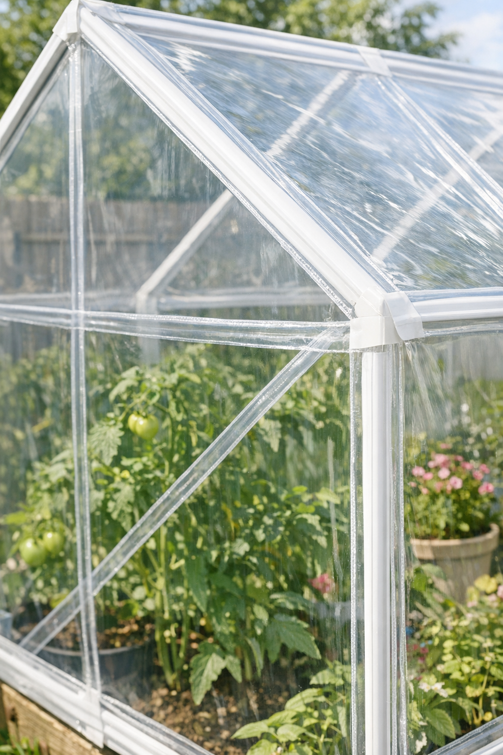 Finished faux glass greenhouse panels installed and glowing with daylight
