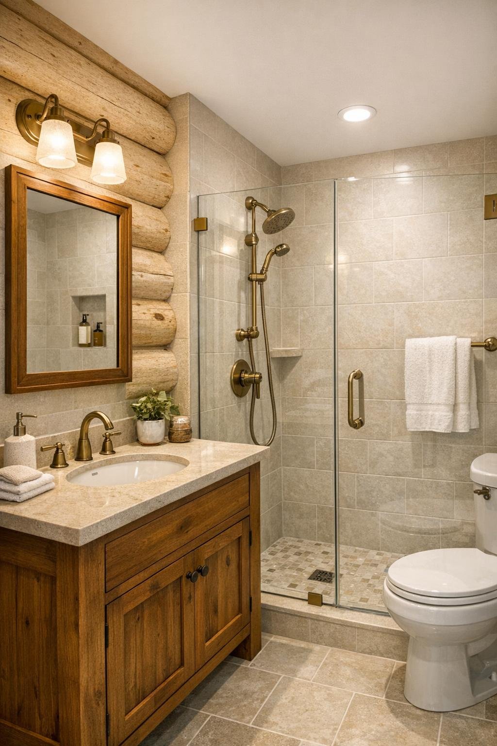 Fresh bathroom with a wood vanity, pale stone surfaces, and clean light tile