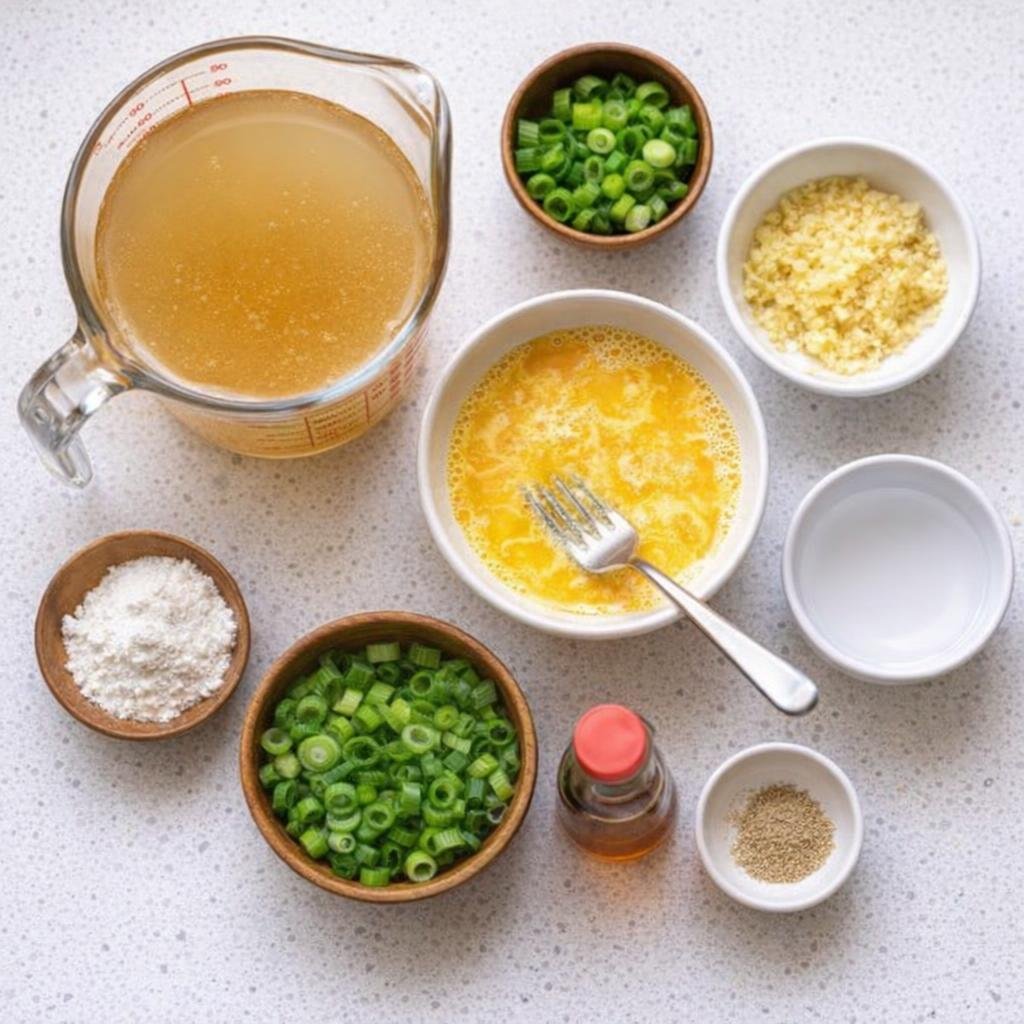 Egg drop soup ingredients arranged on a counter