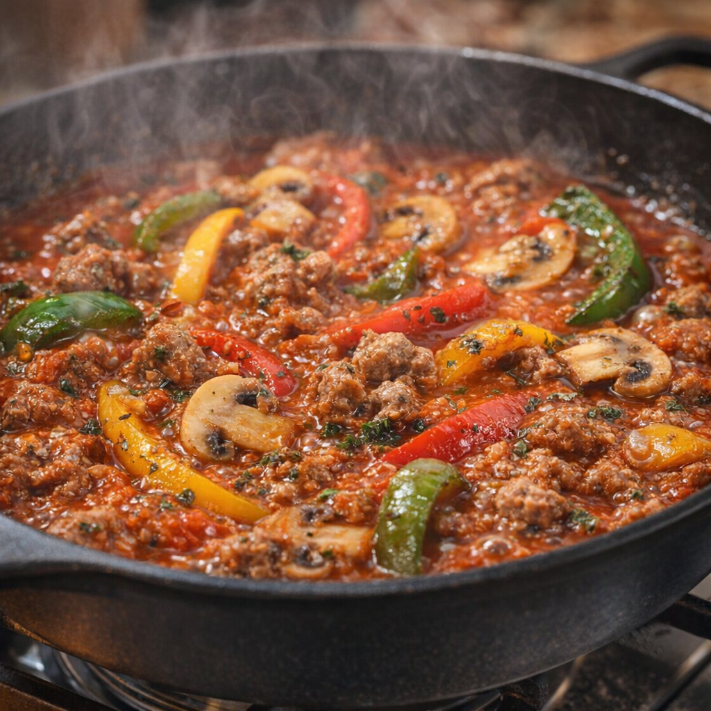 Sausage and vegetables simmering with marinara
