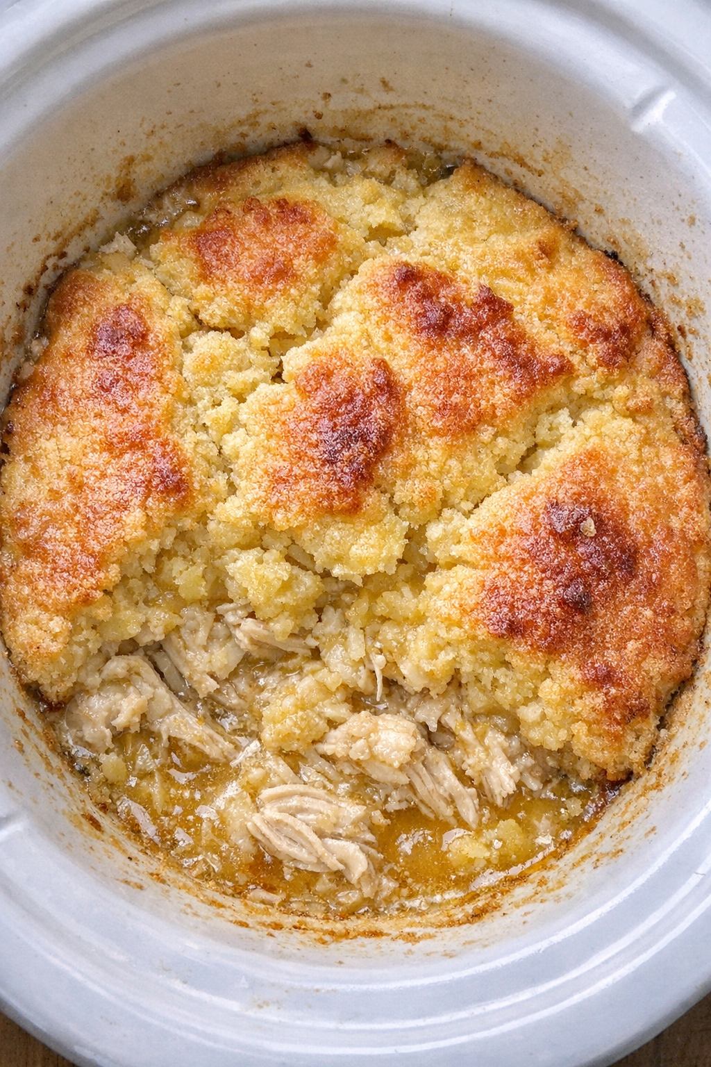 Finished slow cooker Amish chicken and cornbread