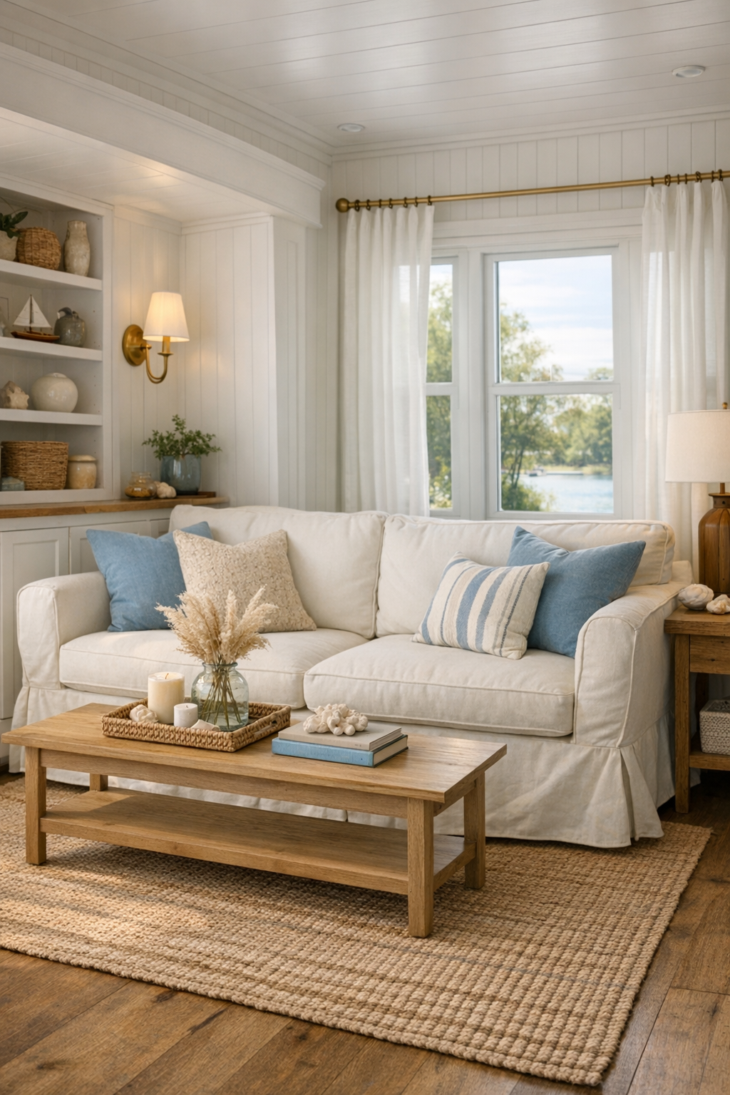 Bright coastal RV living room with a cream sofa, light wood table, and soft blue accents