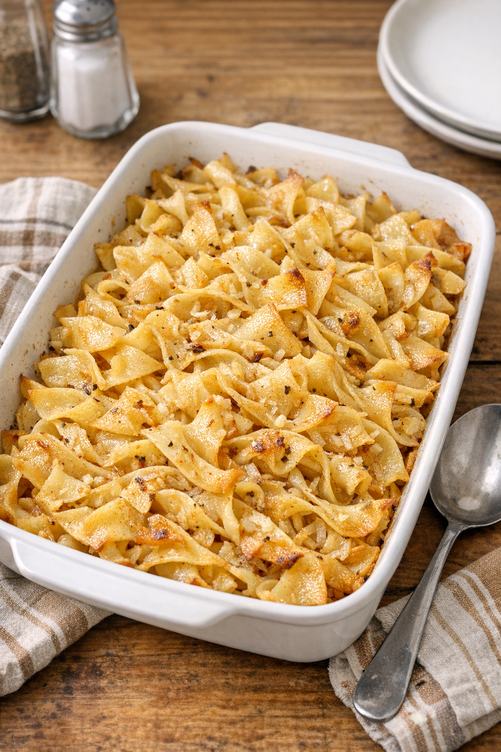 Finished baked onion soup mix noodles in a casserole dish