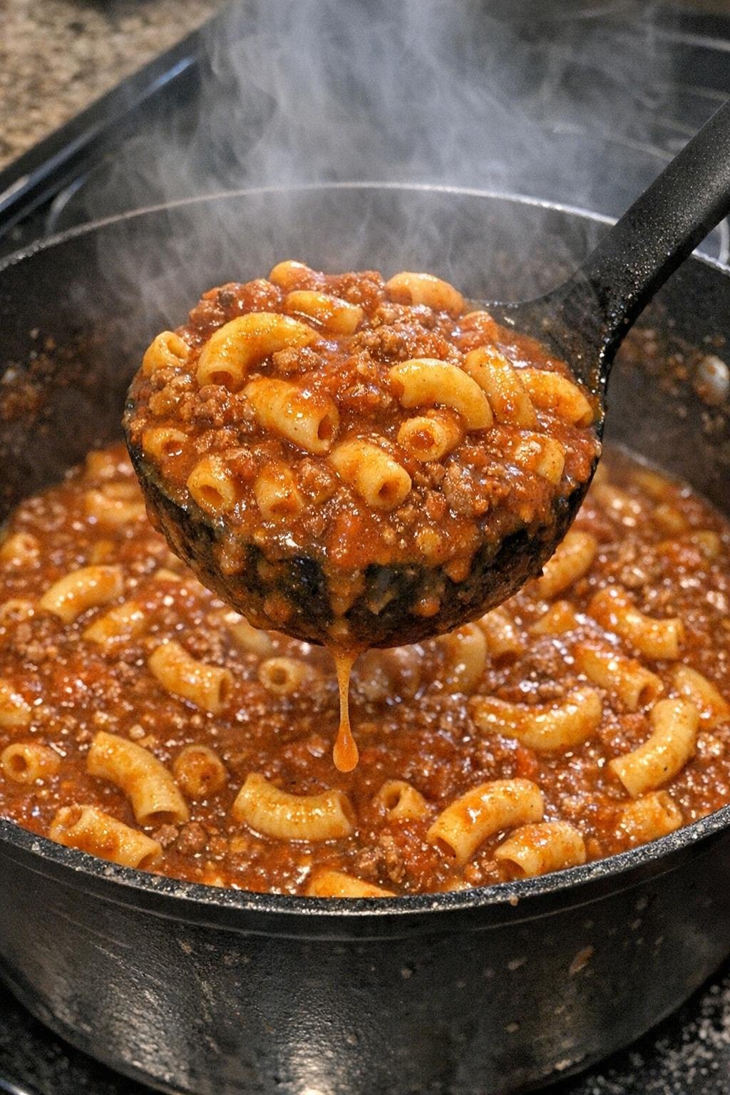 Macaroni in savory red sauce in a black pot