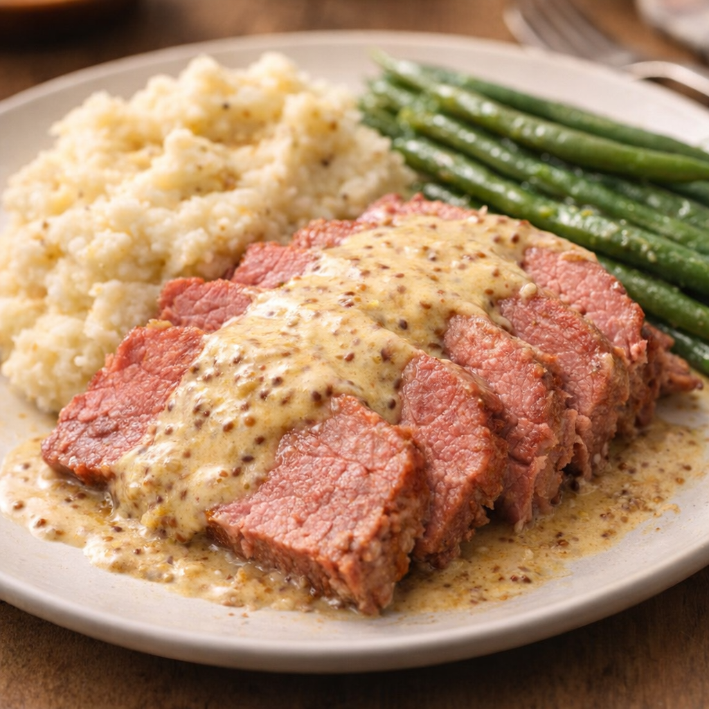 Plated corned beef with mashed potatoes and green beans