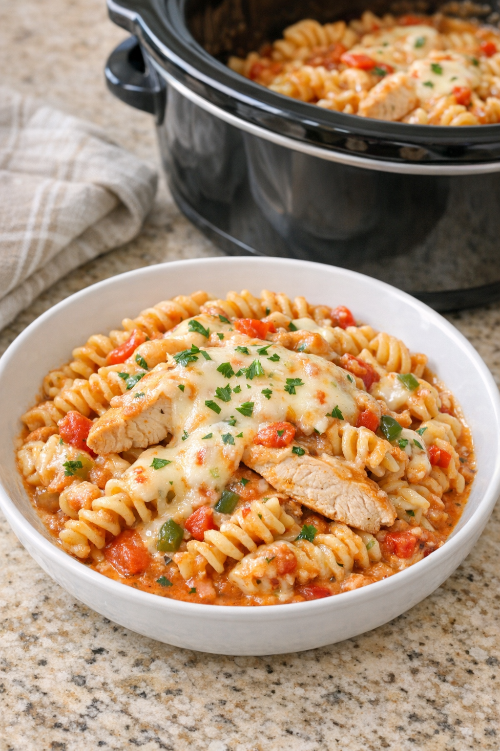 Finished pepper jack turkey pasta plated in a bowl