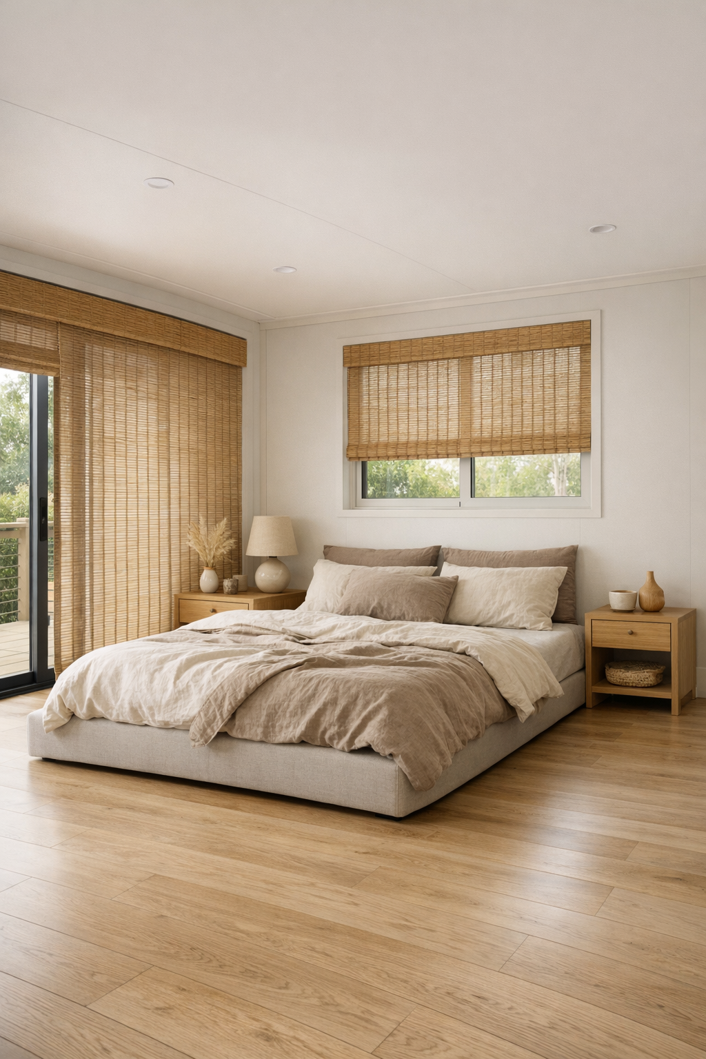 Calm neutral bedroom with layered linen bedding and light wood details