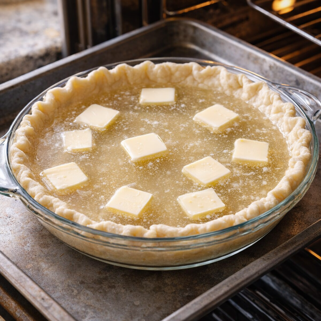 Butter slices resting over the watery pie filling