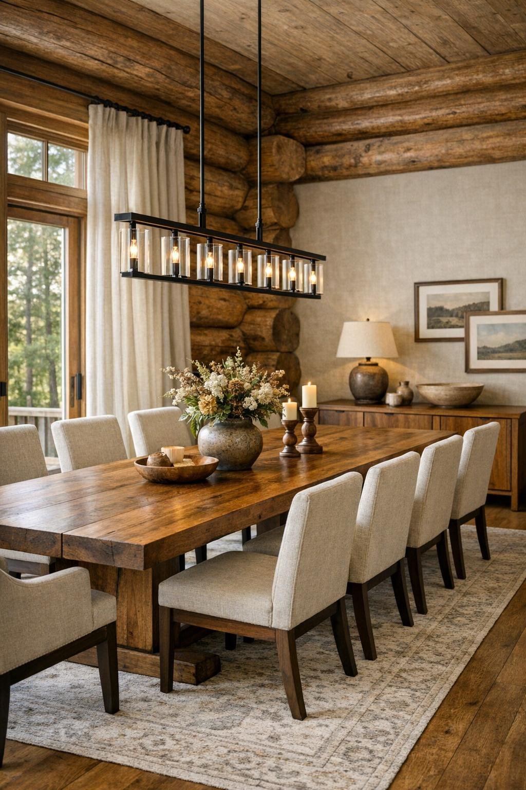 Simple rustic dining room with long wood table and upholstered chairs