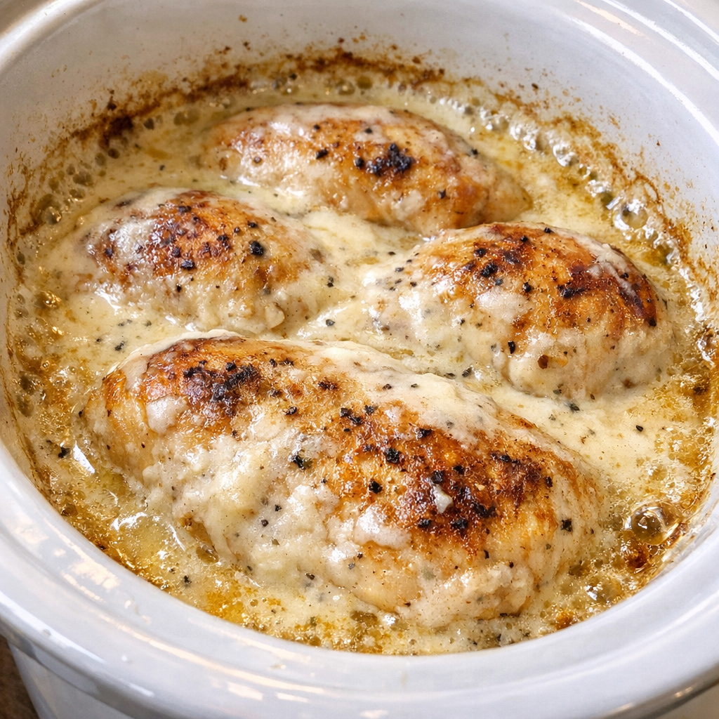 Slow cooker sour cream chicken in a white slow cooker