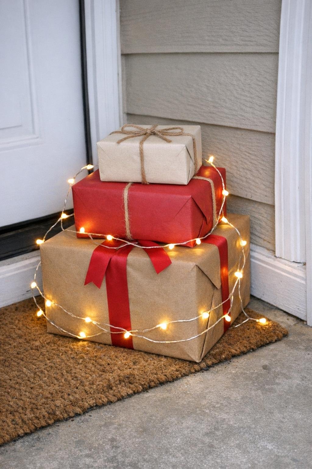 A stack of wrapped gift boxes with string lights by a front door