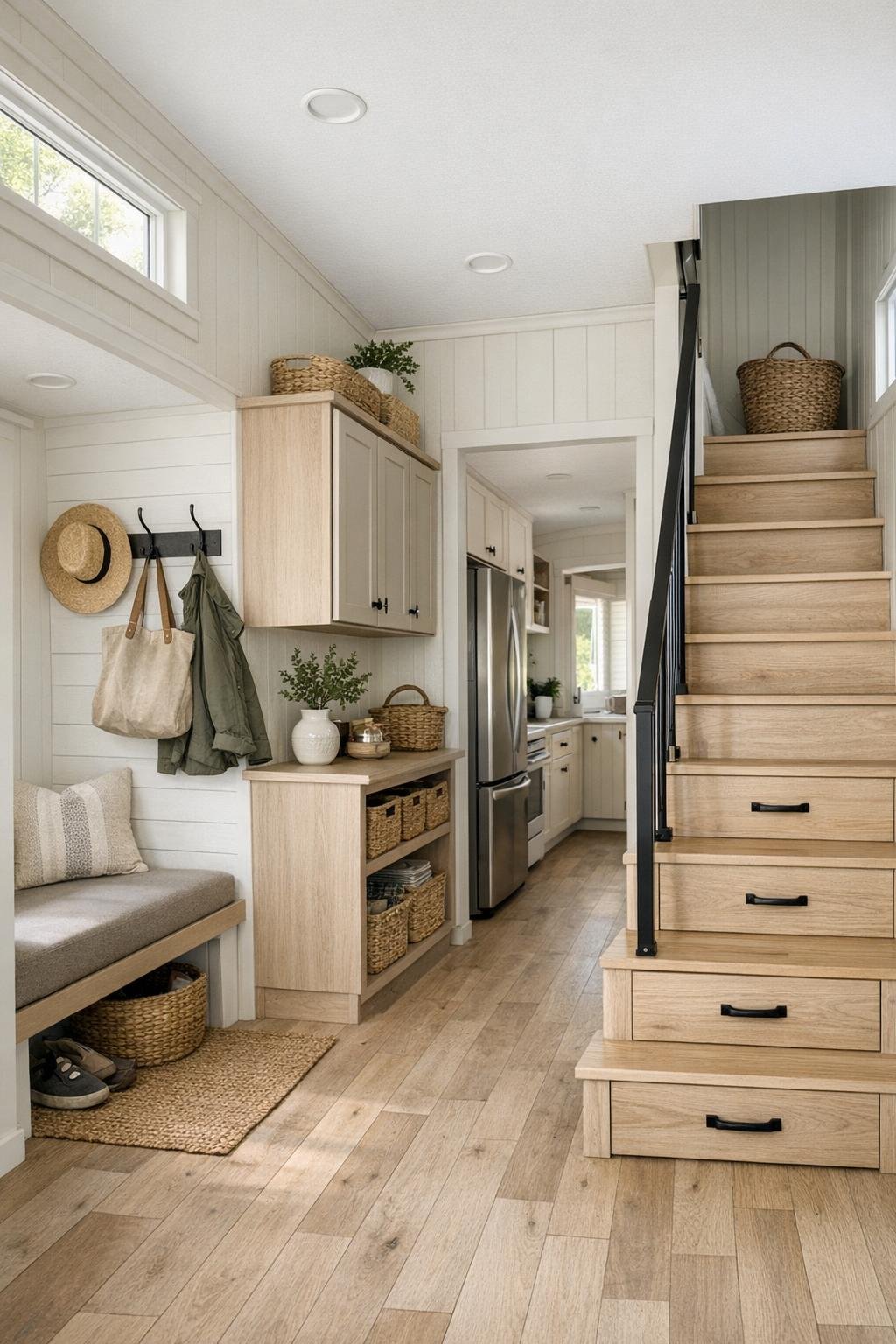 Functional small-space hallway and entry area with built-in storage and cohesive finishes