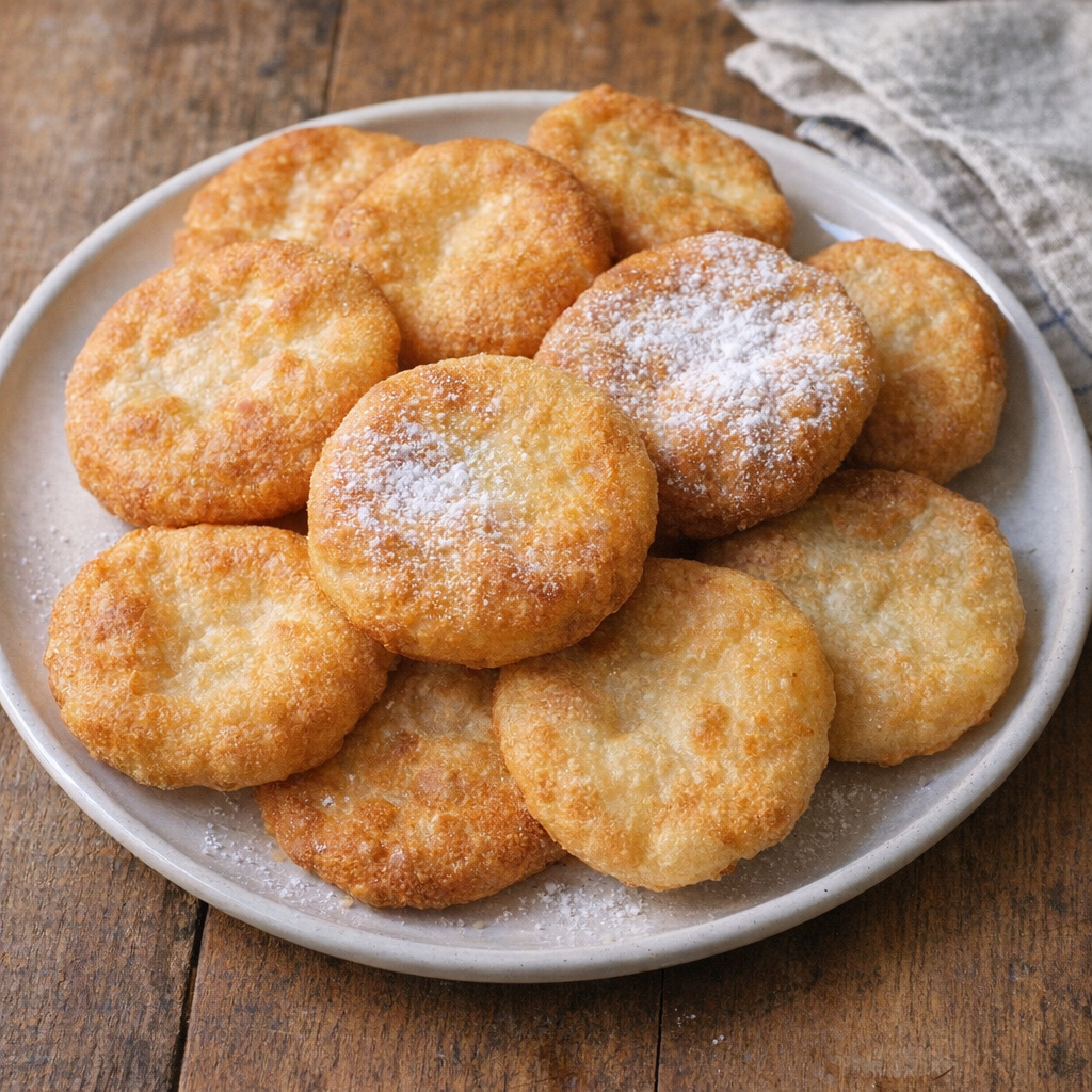 Freshly fried dough rounds on a simple plate