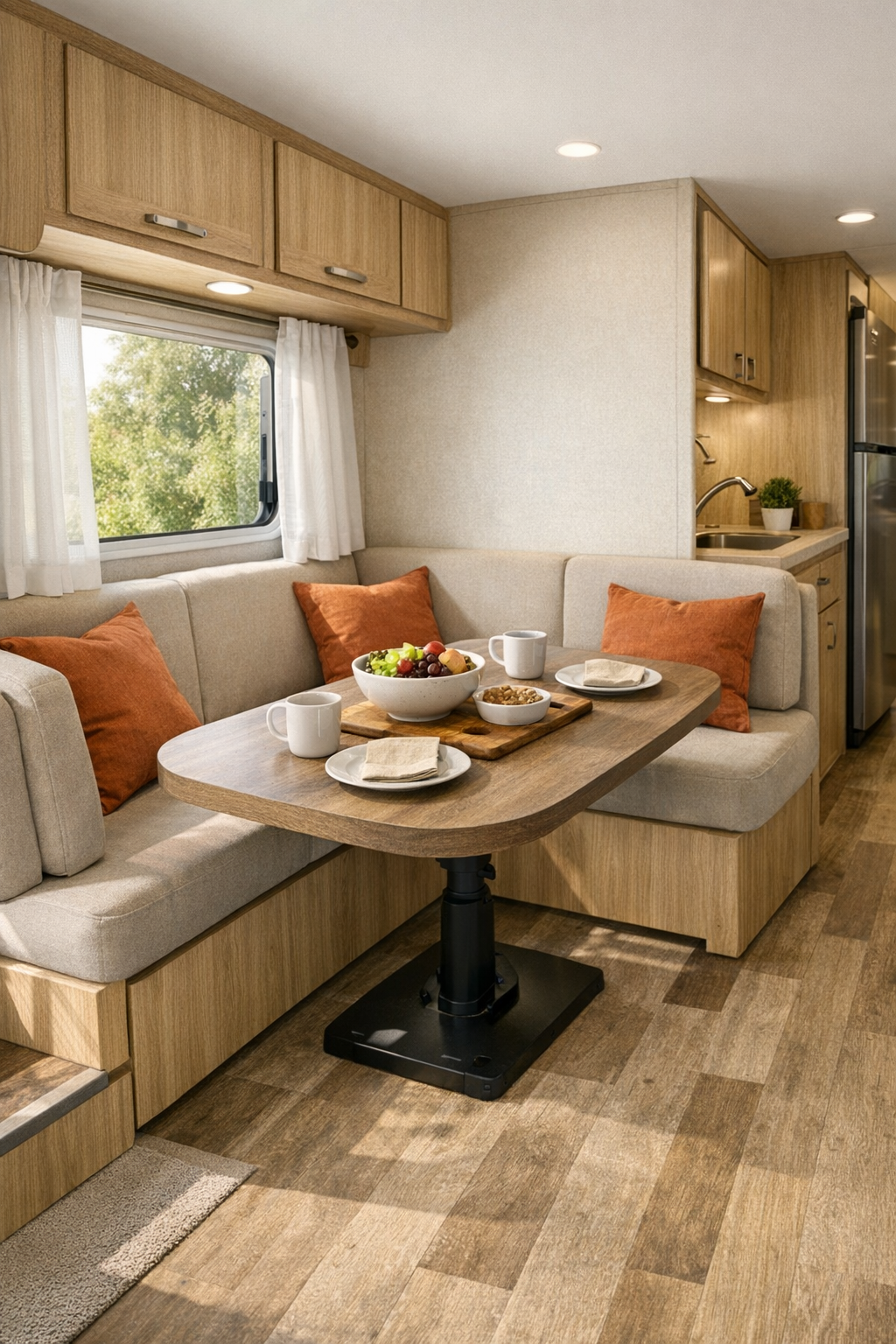 Compact RV camper dining nook with banquette seating and a wood-look table