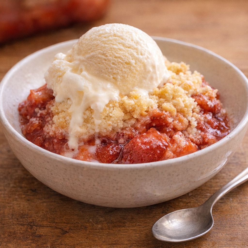 A bowl of warm strawberry dump cake topped with melting vanilla ice cream